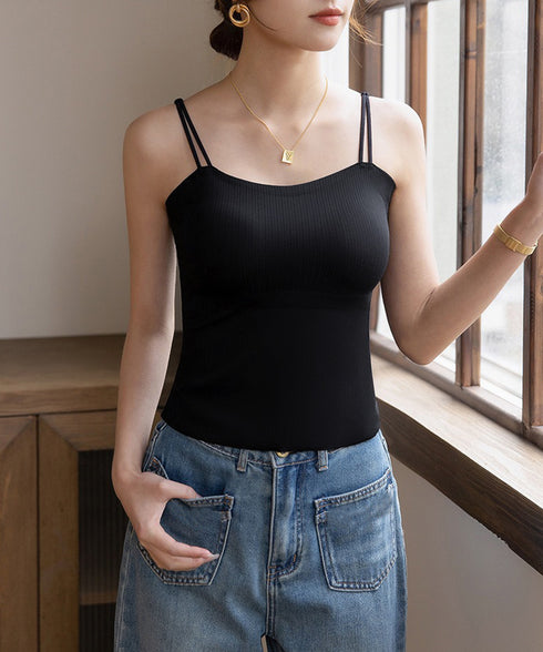 カップ付きキャミソール 韓国風ブラトップ レディース ダブルストラップ シームレスキャミ ノンワイヤー ベーシック肌着 大人可愛い 薄手インナーウェア カジュアル 84YJX-004
