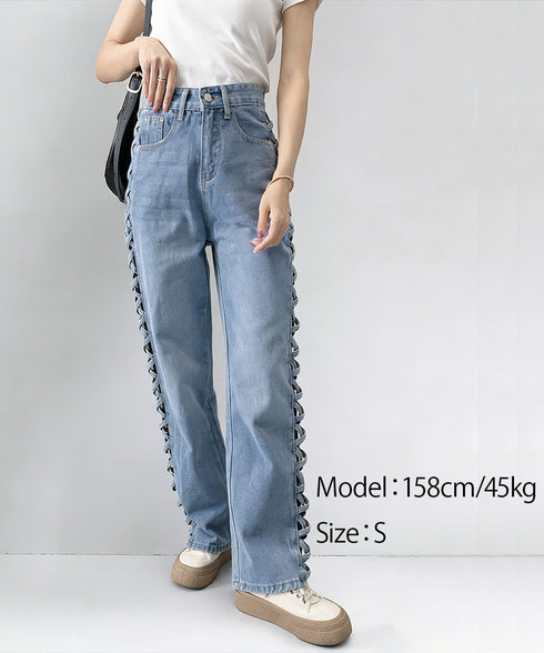 デニムパンツサイドレースアップジーパン レディース ハイウエスト Y2Kストレートパンツ 肌見せ セクシージーンズ サイドオープンデニム 美脚脚長ボトムス着やせ 84YLZ-001