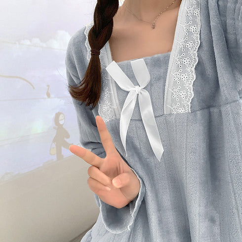 フリースパジャマ 上下セットアップ 韓国 ふわふわパジャマ レディース 秋冬 暖かいルームウェア ラウンジウェア 女性 寝巻き 大人可愛い部屋着 長袖ナイトウェア 84YND-001