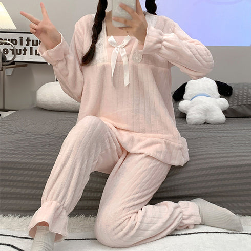 フリースパジャマ 上下セットアップ 韓国 ふわふわパジャマ レディース 秋冬 暖かいルームウェア ラウンジウェア 女性 寝巻き 大人可愛い部屋着 長袖ナイトウェア 84YND-001