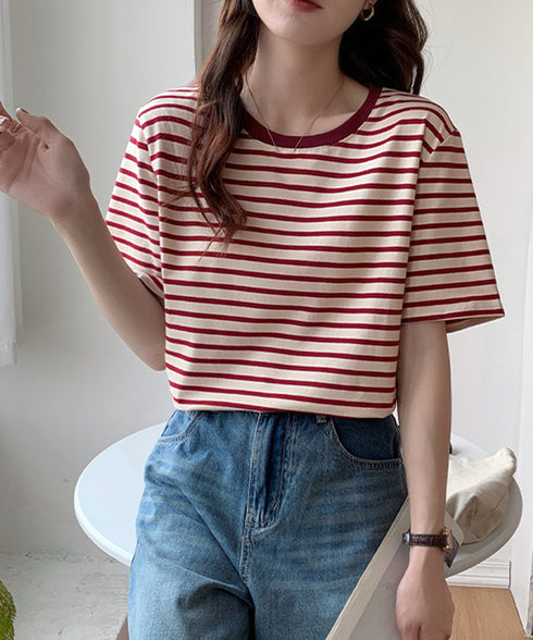 ボーダーtシャツ半袖 レディース 韓国風 涼しいボーダートップス おしゃれ夏服 着やせ ラウンドネックTシャツ 配色プルオーバー 薄手カットソーカジュアルきれいめ 84YOUQI-001