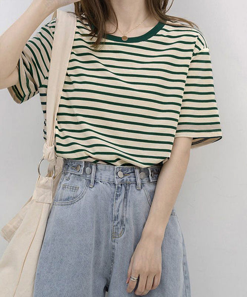 ボーダーtシャツ半袖 レディース 韓国風 涼しいボーダートップス おしゃれ夏服 着やせ ラウンドネックTシャツ 配色プルオーバー 薄手カットソーカジュアルきれいめ 84YOUQI-001