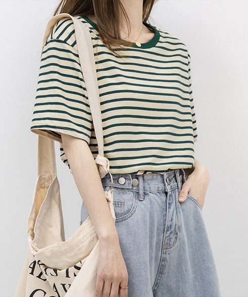 ボーダーtシャツ半袖 レディース 韓国風 涼しいボーダートップス おしゃれ夏服 着やせ ラウンドネックTシャツ 配色プルオーバー 薄手カットソーカジュアルきれいめ 84YOUQI-001