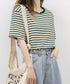 ボーダーtシャツ半袖 レディース 韓国風 涼しいボーダートップス おしゃれ夏服 着やせ ラウンドネックTシャツ 配色プルオーバー 薄手カットソーカジュアルきれいめ 84YOUQI-001