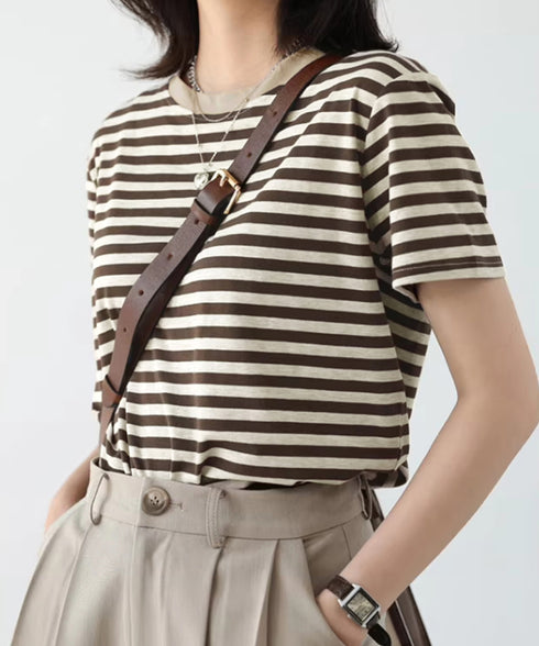 ボーダーtシャツ半袖 レディース 韓国風 涼しいボーダートップス おしゃれ夏服 着やせ ラウンドネックTシャツ 配色プルオーバー 薄手カットソーカジュアルきれいめ 84YOUQI-001