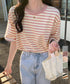 ボーダーtシャツ半袖 レディース 韓国風 涼しいボーダートップス おしゃれ夏服 着やせ ラウンドネックTシャツ 配色プルオーバー 薄手カットソーカジュアルきれいめ 84YOUQI-001