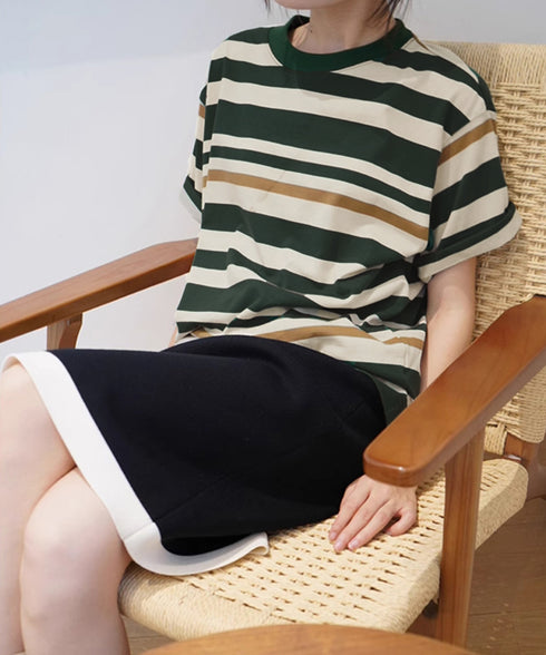 ボーダーtシャツ半袖 レディース 韓国風 涼しいボーダートップス おしゃれ夏服 着やせ ラウンドネックTシャツ 配色プルオーバー 薄手カットソーカジュアルきれいめ 84YOUQI-001