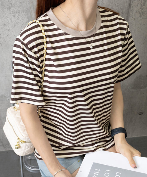 ボーダーtシャツ半袖 レディース 韓国風 涼しいボーダートップス おしゃれ夏服 着やせ ラウンドネックTシャツ 配色プルオーバー 薄手カットソーカジュアルきれいめ 84YOUQI-001