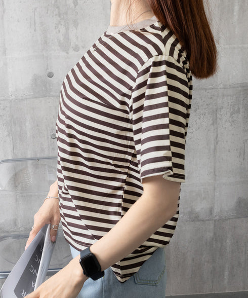 ボーダーtシャツ半袖 レディース 韓国風 涼しいボーダートップス おしゃれ夏服 着やせ ラウンドネックTシャツ 配色プルオーバー 薄手カットソーカジュアルきれいめ 84YOUQI-001