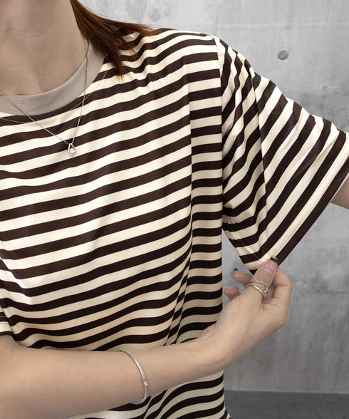 ボーダーtシャツ半袖 レディース 韓国風 涼しいボーダートップス おしゃれ夏服 着やせ ラウンドネックTシャツ 配色プルオーバー 薄手カットソーカジュアルきれいめ 84YOUQI-001