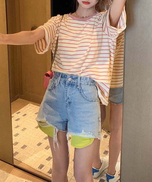 ボーダーtシャツ半袖 レディース 韓国風 涼しいボーダートップス おしゃれ夏服 着やせ ラウンドネックTシャツ 配色プルオーバー 薄手カットソーカジュアルきれいめ 84YOUQI-001