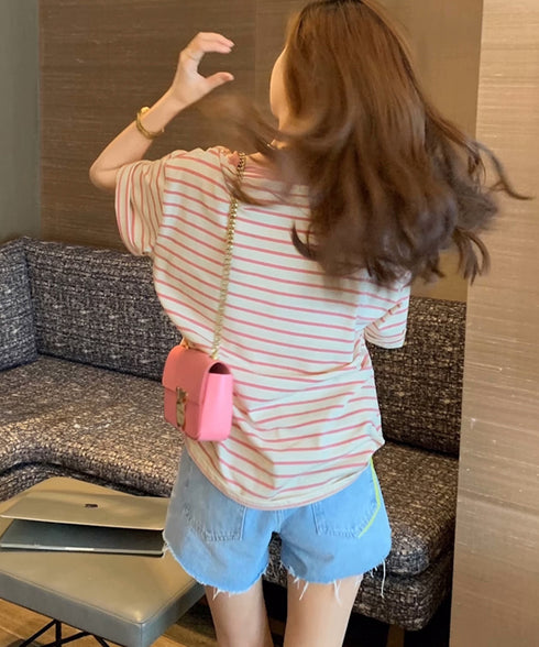 ボーダーtシャツ半袖 レディース 韓国風 涼しいボーダートップス おしゃれ夏服 着やせ ラウンドネックTシャツ 配色プルオーバー 薄手カットソーカジュアルきれいめ 84YOUQI-001