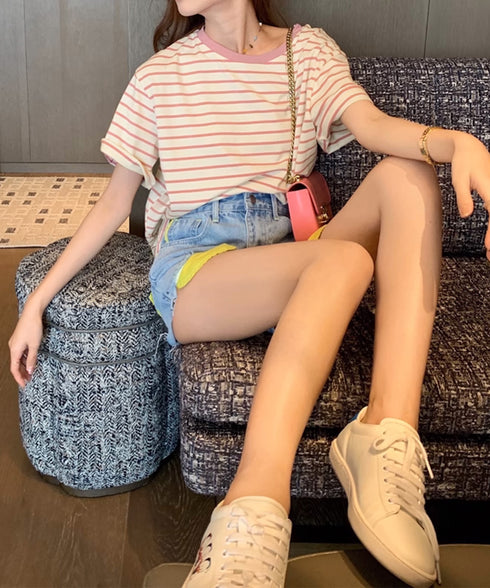 ボーダーtシャツ半袖 レディース 韓国風 涼しいボーダートップス おしゃれ夏服 着やせ ラウンドネックTシャツ 配色プルオーバー 薄手カットソーカジュアルきれいめ 84YOUQI-001