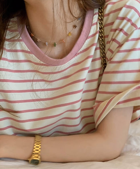 ボーダーtシャツ半袖 レディース 韓国風 涼しいボーダートップス おしゃれ夏服 着やせ ラウンドネックTシャツ 配色プルオーバー 薄手カットソーカジュアルきれいめ 84YOUQI-001