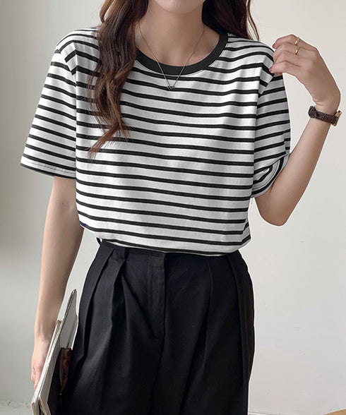 ボーダーtシャツ半袖 レディース 韓国風 涼しいボーダートップス おしゃれ夏服 着やせ ラウンドネックTシャツ 配色プルオーバー 薄手カットソーカジュアルきれいめ 84YOUQI-001