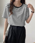 ボーダーtシャツ半袖 レディース 韓国風 涼しいボーダートップス おしゃれ夏服 着やせ ラウンドネックTシャツ 配色プルオーバー 薄手カットソーカジュアルきれいめ 84YOUQI-001