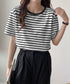 ボーダーtシャツ半袖 レディース 韓国風 涼しいボーダートップス おしゃれ夏服 着やせ ラウンドネックTシャツ 配色プルオーバー 薄手カットソーカジュアルきれいめ 84YOUQI-001