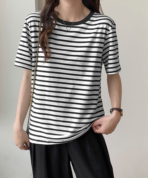 ボーダーtシャツ半袖 レディース 韓国風 涼しいボーダートップス おしゃれ夏服 着やせ ラウンドネックTシャツ 配色プルオーバー 薄手カットソーカジュアルきれいめ 84YOUQI-001