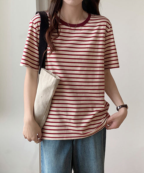 ボーダーtシャツ半袖 レディース 韓国風 涼しいボーダートップス おしゃれ夏服 着やせ ラウンドネックTシャツ 配色プルオーバー 薄手カットソーカジュアルきれいめ 84YOUQI-001