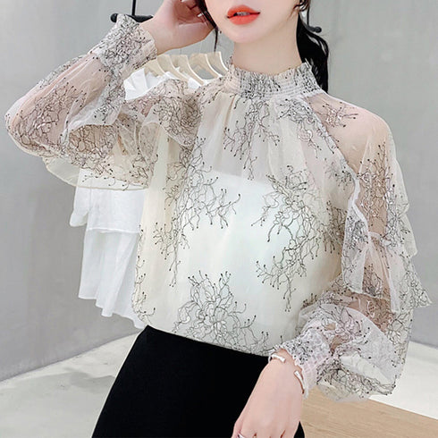 シアートップス レディースレースブラウス フリル フレアトップス 透け感 肌見せ 大人可愛い花柄ブラウス ハイネック ぽわん袖春夏長袖 薄手ブラウス 韓国おしゃれ 84YWEID-001