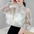 シアートップス レディースレースブラウス フリル フレアトップス 透け感 肌見せ 大人可愛い花柄ブラウス ハイネック ぽわん袖春夏長袖 薄手ブラウス 韓国おしゃれ 84YWEID-001