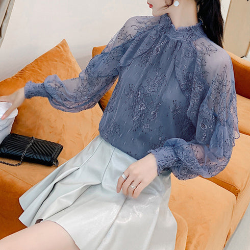シアートップス レディースレースブラウス フリル フレアトップス 透け感 肌見せ 大人可愛い花柄ブラウス ハイネック ぽわん袖春夏長袖 薄手ブラウス 韓国おしゃれ 84YWEID-001