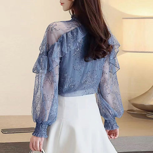 シアートップス レディースレースブラウス フリル フレアトップス 透け感 肌見せ 大人可愛い花柄ブラウス ハイネック ぽわん袖春夏長袖 薄手ブラウス 韓国おしゃれ 84YWEID-001
