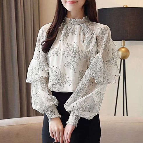 シアートップス レディースレースブラウス フリル フレアトップス 透け感 肌見せ 大人可愛い花柄ブラウス ハイネック ぽわん袖春夏長袖 薄手ブラウス 韓国おしゃれ 84YWEID-001