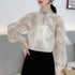シアートップス レディースレースブラウス フリル フレアトップス 透け感 肌見せ 大人可愛い花柄ブラウス ハイネック ぽわん袖春夏長袖 薄手ブラウス 韓国おしゃれ 84YWEID-001
