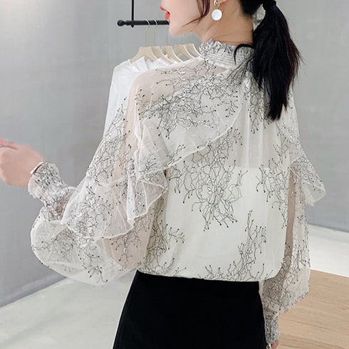 シアートップス レディースレースブラウス フリル フレアトップス 透け感 肌見せ 大人可愛い花柄ブラウス ハイネック ぽわん袖春夏長袖 薄手ブラウス 韓国おしゃれ 84YWEID-001