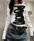 英字ロゴTシャツ オフショルダートップス 前後2way肩出しtシャツ長袖 レディース イラストtシャツ ブラッシュプリントトップス韓国風 ストリートガーリーY2K 84YYXC-001