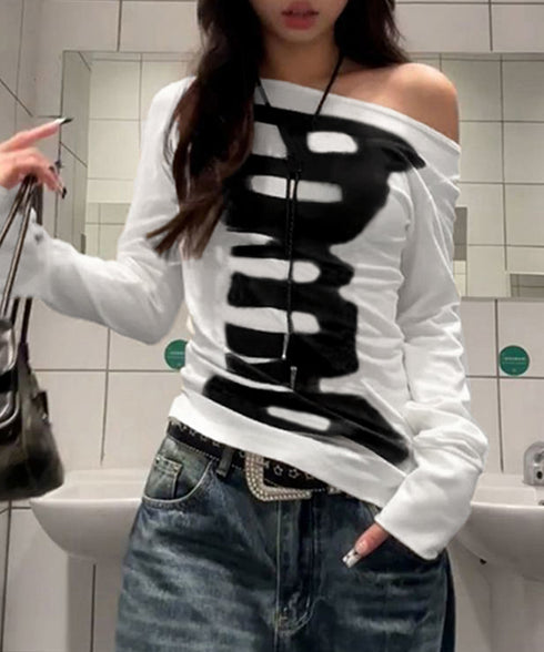 英字ロゴTシャツ オフショルダートップス 前後2way肩出しtシャツ長袖 レディース イラストtシャツ ブラッシュプリントトップス韓国風 ストリートガーリーY2K 84YYXC-001