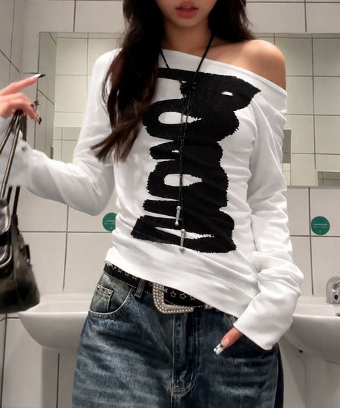 英字ロゴTシャツ オフショルダートップス 前後2way肩出しtシャツ長袖 レディース イラストtシャツ ブラッシュプリントトップス韓国風 ストリートガーリーY2K 84YYXC-001