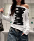 英字ロゴTシャツ オフショルダートップス 前後2way肩出しtシャツ長袖 レディース イラストtシャツ ブラッシュプリントトップス韓国風 ストリートガーリーY2K 84YYXC-001