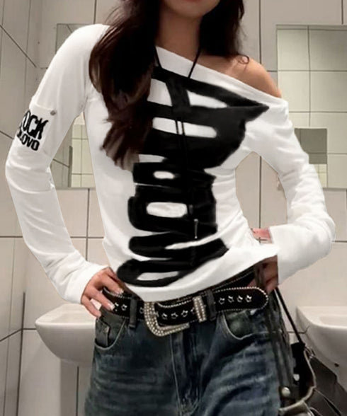 英字ロゴTシャツ オフショルダートップス 前後2way肩出しtシャツ長袖 レディース イラストtシャツ ブラッシュプリントトップス韓国風 ストリートガーリーY2K 84YYXC-001