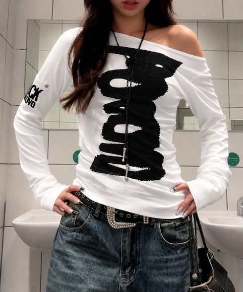 英字ロゴTシャツ オフショルダートップス 前後2way肩出しtシャツ長袖 レディース イラストtシャツ ブラッシュプリントトップス韓国風 ストリートガーリーY2K 84YYXC-001
