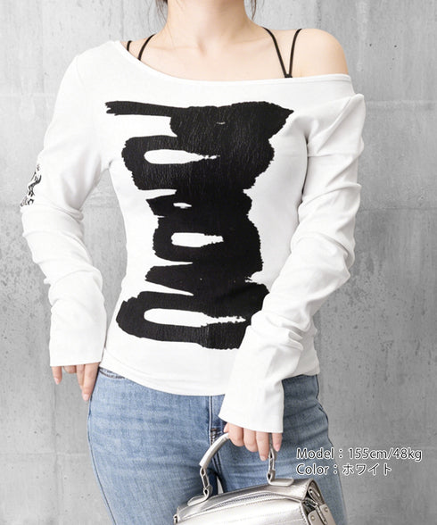 英字ロゴTシャツ オフショルダートップス 前後2way肩出しtシャツ長袖 レディース イラストtシャツ ブラッシュプリントトップス韓国風 ストリートガーリーY2K 84YYXC-001
