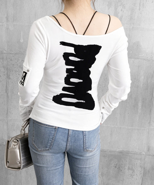 英字ロゴTシャツ オフショルダートップス 前後2way肩出しtシャツ長袖 レディース イラストtシャツ ブラッシュプリントトップス韓国風 ストリートガーリーY2K 84YYXC-001