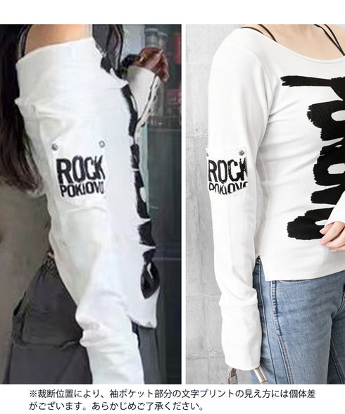英字ロゴTシャツ オフショルダートップス 前後2way肩出しtシャツ長袖 レディース イラストtシャツ ブラッシュプリントトップス韓国風 ストリートガーリーY2K 84YYXC-001