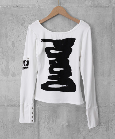 英字ロゴTシャツ オフショルダートップス 前後2way肩出しtシャツ長袖 レディース イラストtシャツ ブラッシュプリントトップス韓国風 ストリートガーリーY2K 84YYXC-001