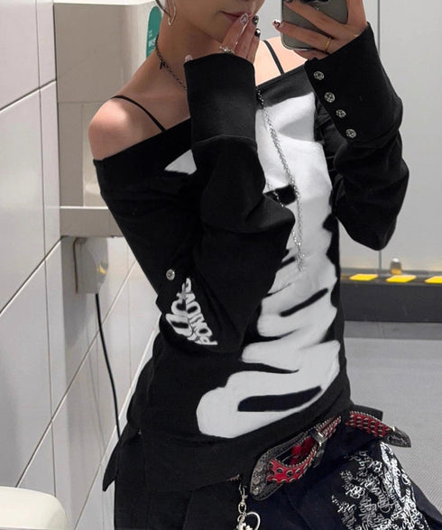 英字ロゴTシャツ オフショルダートップス 前後2way肩出しtシャツ長袖 レディース イラストtシャツ ブラッシュプリントトップス韓国風 ストリートガーリーY2K 84YYXC-001