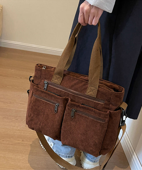 コーデュロイショルダーバッグ 2way鞄 スクエアトートバッグ 大容量 斜め掛けバッグ レディース ファスナー付き ポケット多い鞄 通勤通学かばん軽量 丈夫長持ち 84ZHIB-010