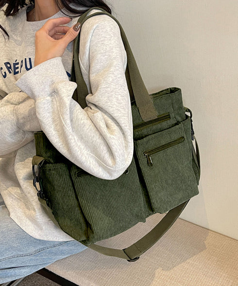 コーデュロイショルダーバッグ 2way鞄 スクエアトートバッグ 大容量 斜め掛けバッグ レディース ファスナー付き ポケット多い鞄 通勤通学かばん軽量 丈夫長持ち 84ZHIB-010