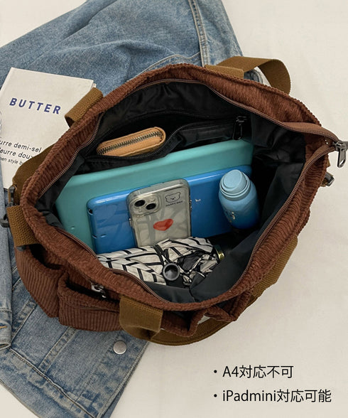 コーデュロイショルダーバッグ 2way鞄 スクエアトートバッグ 大容量 斜め掛けバッグ レディース ファスナー付き ポケット多い鞄 通勤通学かばん軽量 丈夫長持ち 84ZHIB-010