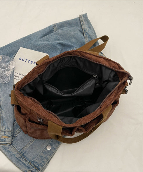 コーデュロイショルダーバッグ 2way鞄 スクエアトートバッグ 大容量 斜め掛けバッグ レディース ファスナー付き ポケット多い鞄 通勤通学かばん軽量 丈夫長持ち 84ZHIB-010