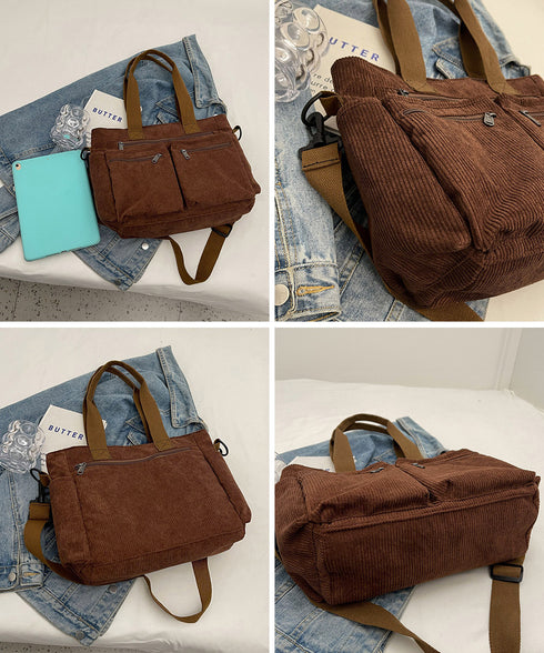 コーデュロイショルダーバッグ 2way鞄 スクエアトートバッグ 大容量 斜め掛けバッグ レディース ファスナー付き ポケット多い鞄 通勤通学かばん軽量 丈夫長持ち 84ZHIB-010
