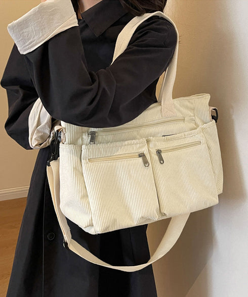 コーデュロイショルダーバッグ 2way鞄 スクエアトートバッグ 大容量 斜め掛けバッグ レディース ファスナー付き ポケット多い鞄 通勤通学かばん軽量 丈夫長持ち 84ZHIB-010