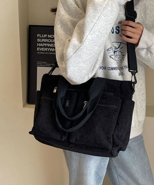 コーデュロイショルダーバッグ 2way鞄 スクエアトートバッグ 大容量 斜め掛けバッグ レディース ファスナー付き ポケット多い鞄 通勤通学かばん軽量 丈夫長持ち 84ZHIB-010