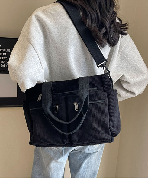 コーデュロイショルダーバッグ 2way鞄 スクエアトートバッグ 大容量 斜め掛けバッグ レディース ファスナー付き ポケット多い鞄 通勤通学かばん軽量 丈夫長持ち 84ZHIB-010