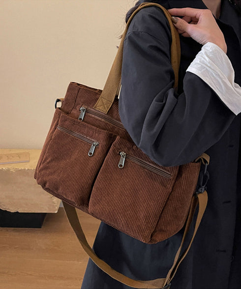 コーデュロイショルダーバッグ 2way鞄 スクエアトートバッグ 大容量 斜め掛けバッグ レディース ファスナー付き ポケット多い鞄 通勤通学かばん軽量 丈夫長持ち 84ZHIB-010